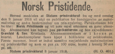 Avisannonse med informasjon om utgivelse av Norsk Pristidende. Skjermbilde